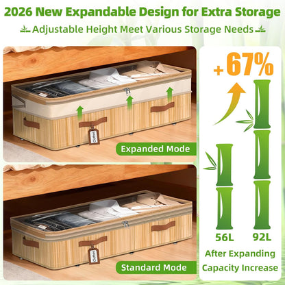 Livole Bamboo Under Bed Storage with Wheels, 6-10 inches Height Adjustable Underbed Storage Containers, 92L XXXL Large Rolling Under Bed Storage Bins for Clothes, Blankets, Sweater, Shoes, 1 Pack