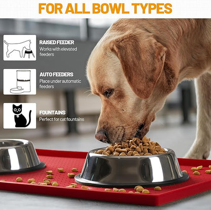 Hubulk Dog Feeding Mat,100% Waterproof BPA Free Silicone Pet Food and Water Bowl Placemat,Dishwasher, High Raised Edge to Prevent Spills,Nonslip Tray to Stop Messes on Floor (19"x12"x0.5", Red)