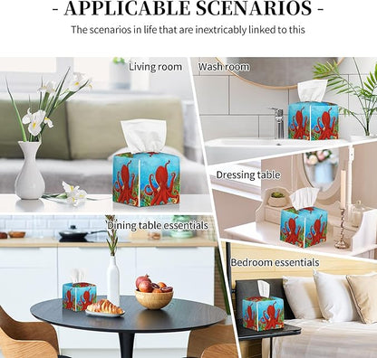 POIUBLE Tissue Box Holder Cartoon Octopus Tissue Box Cover Square Leather Tissue Holder Organizer Portable Decorative Facial Paper Case for Home Office Bathroom Vanity Countertop
