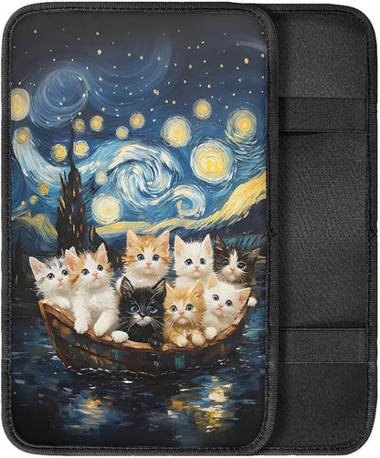Auto Center Console Pad Oil Painting Starry Sky Cats Car Armrest Cushion Covers, Protect from Pet Claws, Dirt, and Sticky Fingers