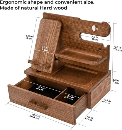 TESLYAR Wood Phone Docking Station with Drawer - Nightstand Organizer - Desk Organizer for Husband - Birthday Gifts for Men, Dad, Anniversary Idea, Key Holder Stand Watch & Accessories (Earth Beige)