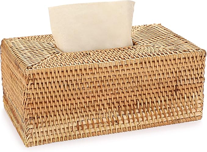 Sumnacon Tissue Box Cover Rectangle Tissue Box Rattan Tissue Box Holder,Wicker Decorative Tissue Holder for Bathroom Toilet Living Room Kitchen Office Table Desk, Yellow