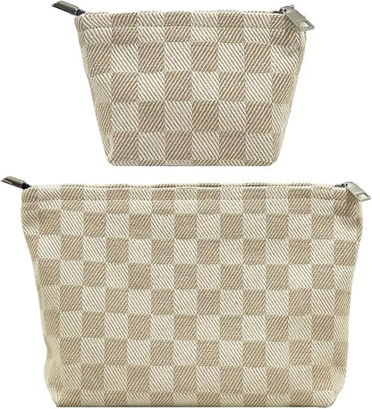 fahombag 2 Pcs Checkered Makeup Bag Set Canvas Cosmetic Pouch for Women Large & Small Cute Preppy Aesthetic Travel Toiletry Pouch Organizer for Purse Skincare Brushes, Khahi