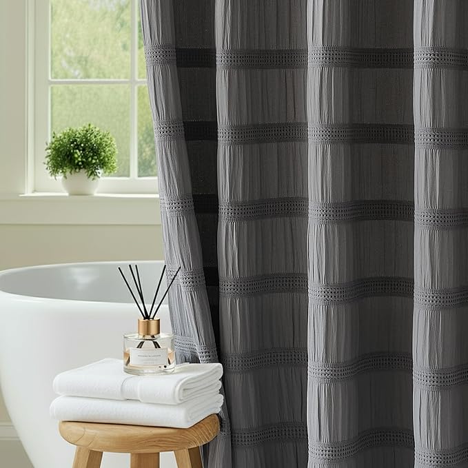 Lameirose Grey Shower Curtain Boho, Cotton Blend Waffle Shower Curtain Chic Textured Fabric Shower Curtains for Bathroom, 72 x 72