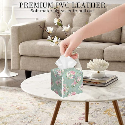 POIUBLE Vintage Floral Tissue Box Cover Pink Rose Leather Tissue Box Holder Square Facial Paper Organizer Dispenser for Bathroom Kitchen Bedroom Vanity Countertop Night Stands