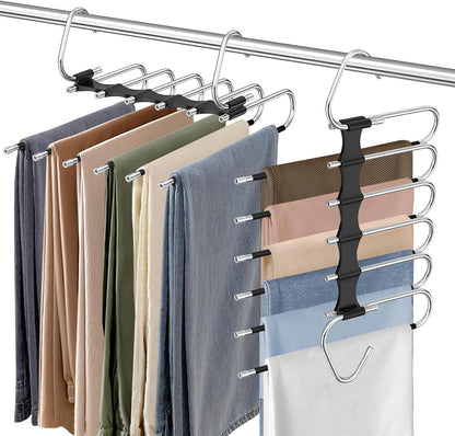 Upgrade 6 Layers Pants Hangers Space Saving, 2 Pack Stainless Steel Multifunctional Rack Non Slip S-Type Pant Closet Organizer Saver for Leggings Jeans Trousers Scarf, Black