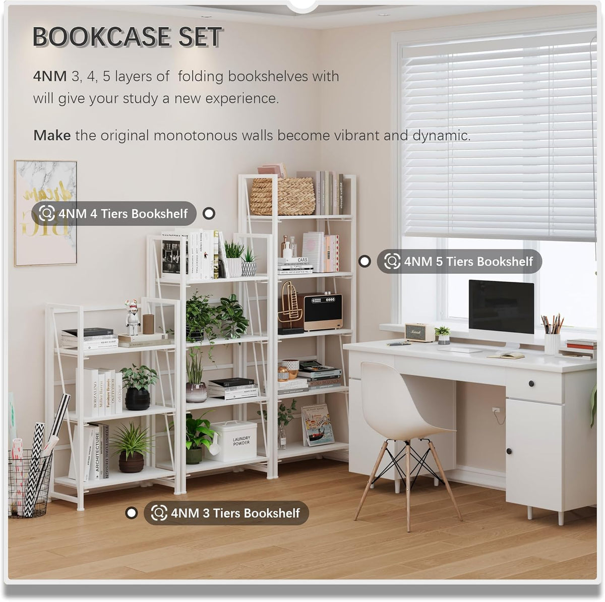 4NM No Assembly Folding Bookshelf Storage Shelves 3 Tiers Vintage Bookcase Standing Racks Study Organizer Home Office (All White)