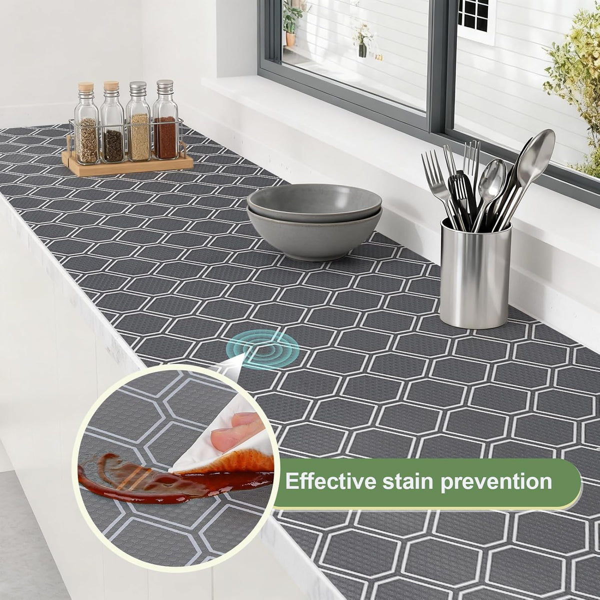 Non Adhesive Shelf Liner, Waterproof Drawer Liners for Kitchen Cabinet Refrigerator, No Slip Bathroom Sink Liners, Cupboard Fridge Liner EVA Place Mat Roll -17.5" x 197" Grey