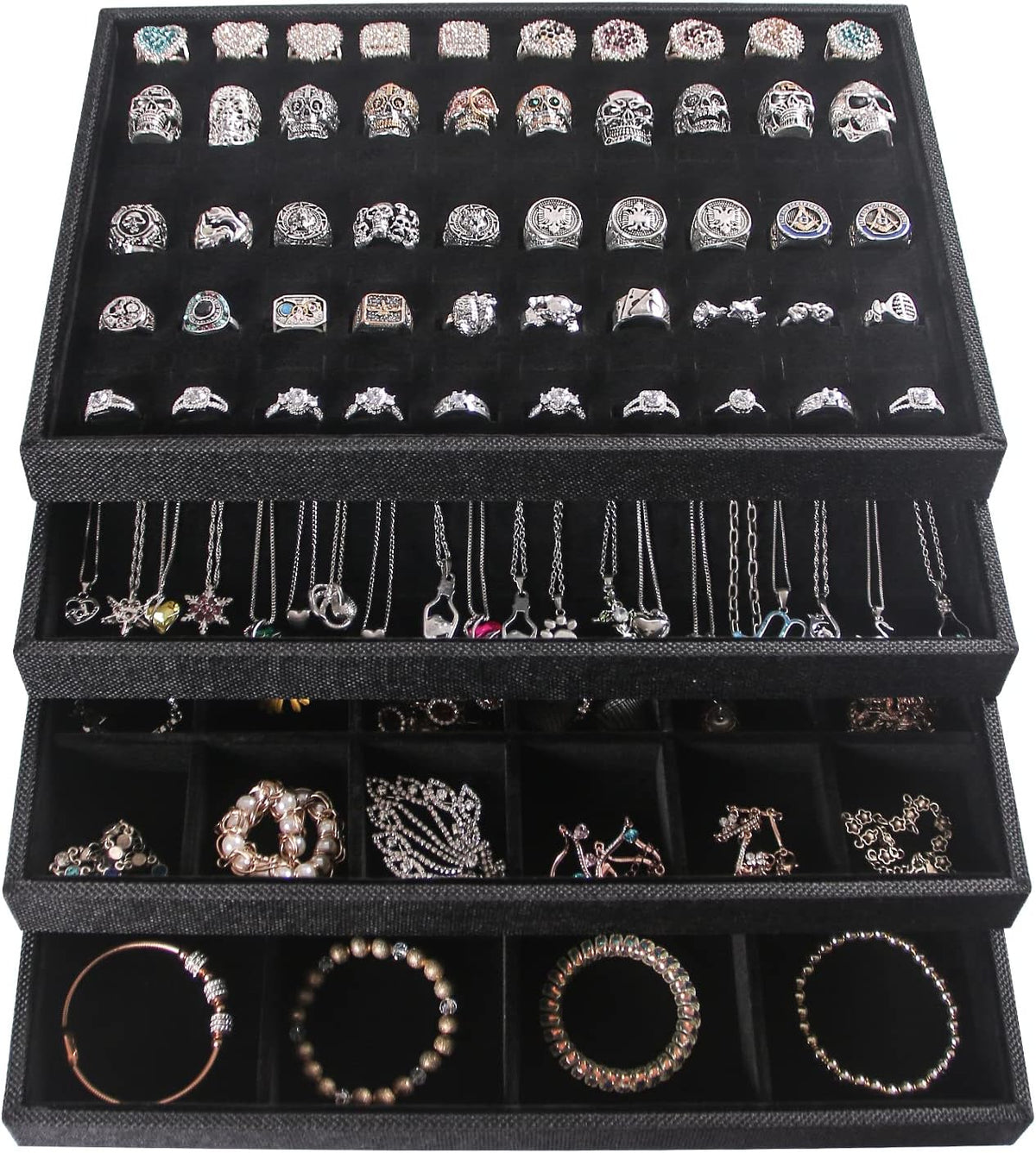 Julysky 4 Pcs/set Stackable Jewelry Organizer Trays for Drawer,100 Slots Ring Tray，Necklace Tray,12 Grid,24 Grid Jewelry Displays for Selling,Black