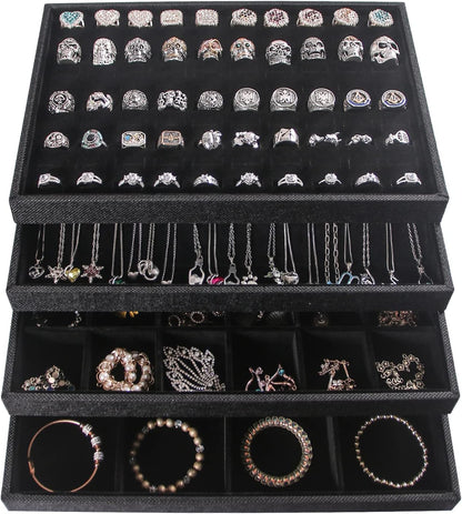Julysky 4 Pcs/set Stackable Jewelry Organizer Trays for Drawer,100 Slots Ring Tray，Necklace Tray,12 Grid,24 Grid Jewelry Displays for Selling,Black