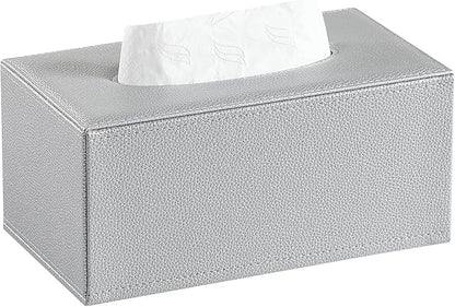 JLAMBOM Rectangle Tissue Box Cover for 120 to 160 Count Box of Tissues, PU Leather Tissue Holder with Magnetic Closure (Silver)