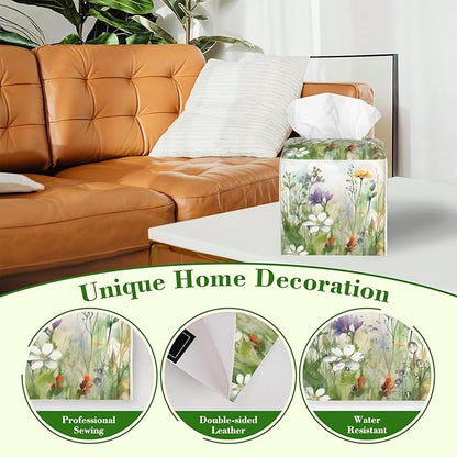 Watercolor Summer Flower Tissue Box Cover,Colorful Wildflower Floral Waterproof Leather Square Tissue Box Cover Case Facial Paper Organizer Dispenser Box Holder for Home Office Bathroom Vanity