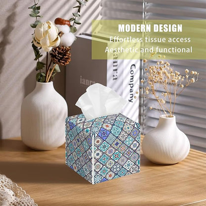 BLYKVGHQ Square Tissue Box Cover Vintage Ceramic Tiles Tissue Box Holder Facial Cube Paper Dispenser Leather Decorative Organizer Home Office Desk Decor, 5.2"x5.2"x5.2"