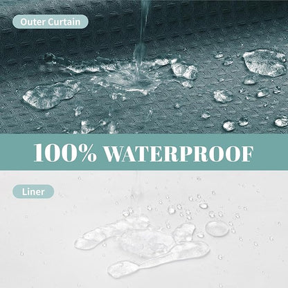 eachope SeawedGreen Long No Hook Waffle Weave Shower Curtain with snap-in Liner Replacement, 230GSM Waterproof Fabric Hotel Shower Curtain Set for Bathroom, Through Mesh Top Window,71Wx80H