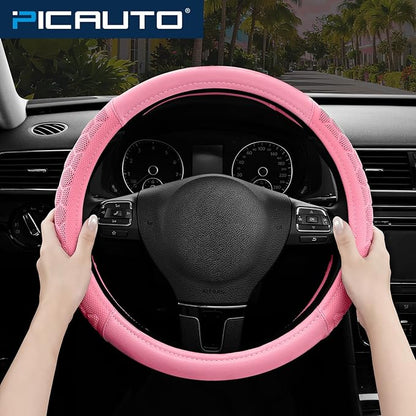 PIC AUTO Massage Steering Wheel Cover, Pink Football Pattern Material Spliced & Pink Leather Car Steering Wheel Cover, Car Steering Cover, Universal Fit 14.5"-15.5" for Cars, Trucks, Van, SUVs