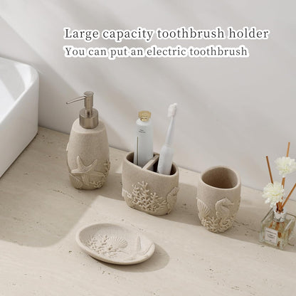 Bathroom Accessories Set, 4 PCS Bathroom Accessory Sets with Soap Dispenser, Toothbrush Holder, Tumbler, Soap Dish, Bathroom Countertop Organizer, Sea Bathroom Decor (Beige)
