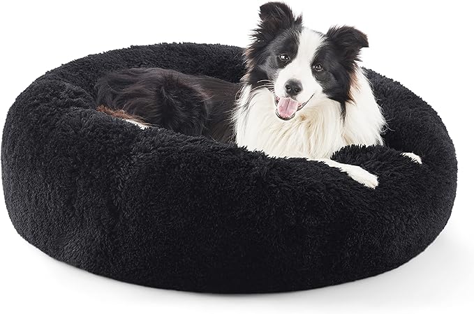 Bedsure Calming Dog Bed for Large Dogs - Donut Washable Large Pet Bed, 36 inches Anti-Slip Round Fluffy Plush Faux Fur Dog Bed, Fits up to 80 lbs Pets, Black