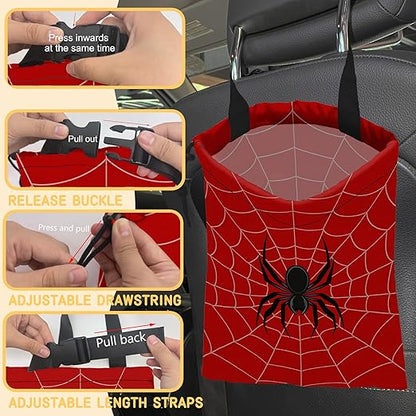Spider Web Car Garbage Bag, Small Car Trash Bag Hanging,Drawstring Car Garbage Bag with Adjustable Buckle for Car Back Seat,SUVs,Camping,Road Trips