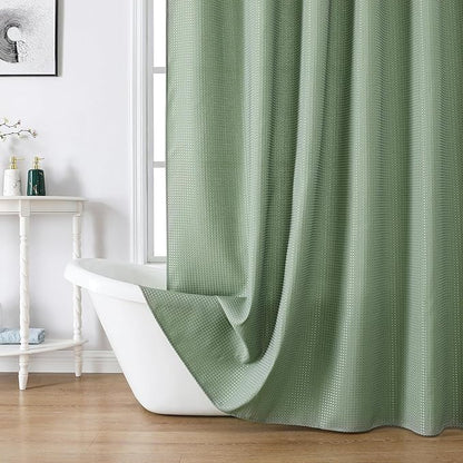 meioro Sage Green Shower Curtain, Waffle Weave 256GSM Heavy Duty Textured Fabric Shower Curtains for Bathroom Hotel Spa, Luxury Weighted Polyester Cloth Bath Curtain Set with 12 Hooks, 48Wx72H