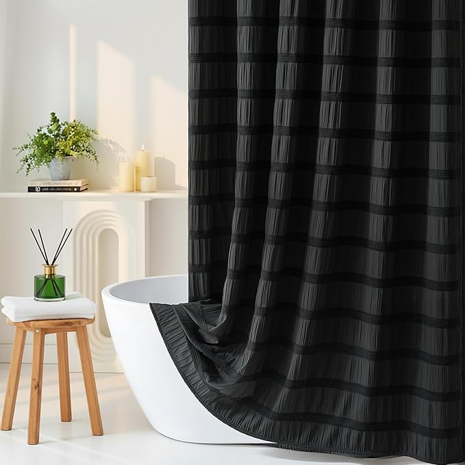 Lameirose Extra Long Black Shower Curtain Farmhouse,72 x 84 Cotton Blend Waffle Tufted Striped Chic Textured Fabric Shower Curtain for Bathroom, Hotel, Washable