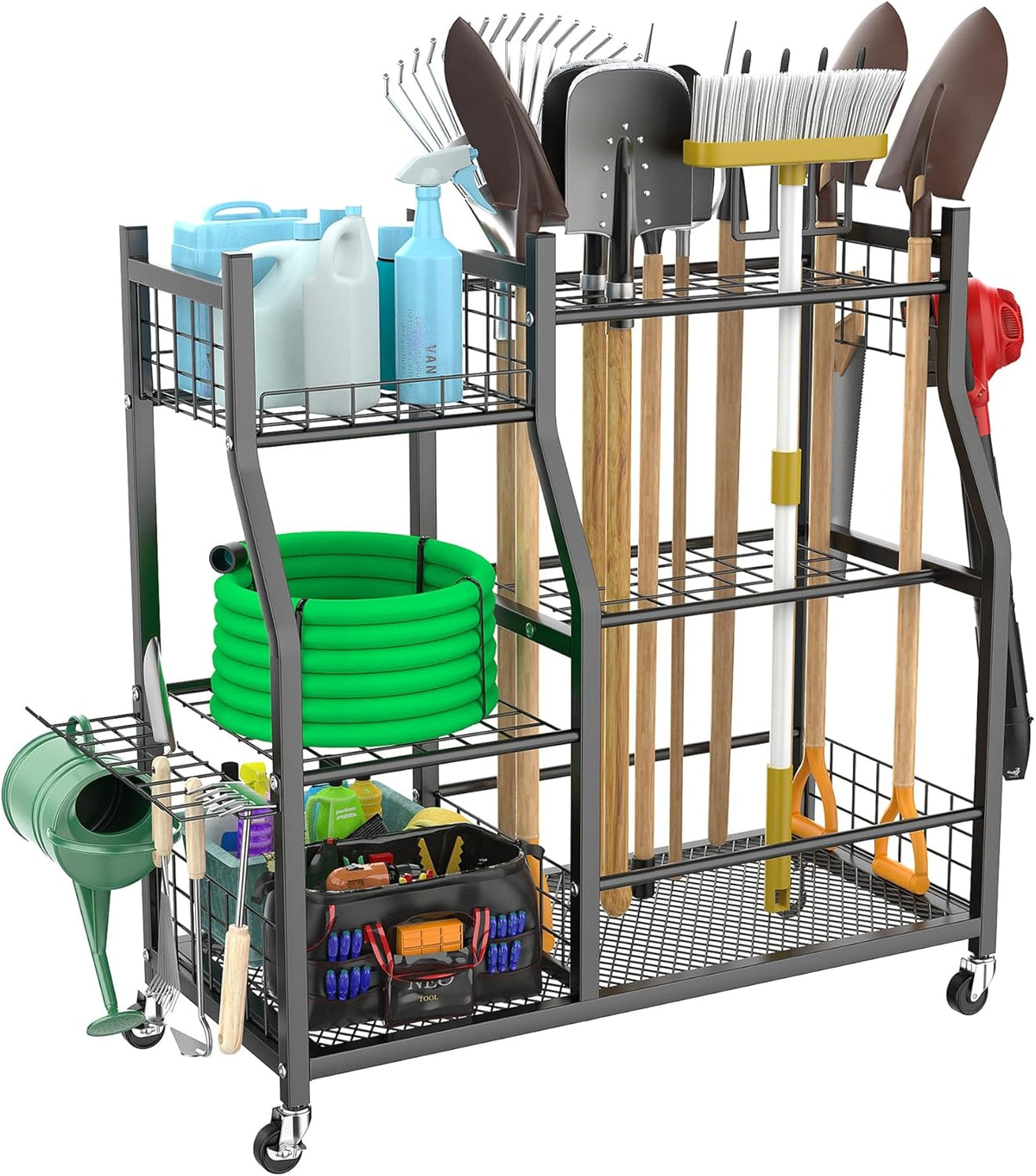 WALMANN Garden Tool Organizer with Wheels for Garage, Large Storage Capacity, Rakes/Shovels/Yard Tools Storage Stand for Shed, Garden, Indoor/Outdoor Long-Handled Tools Rolling Cart