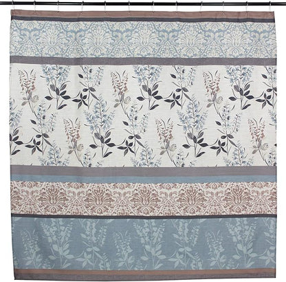 Serafina Home Hotel Quality Fabric Bathroom Shower Curtain: Farmhouse Floral Bordered Damask - Light Blue, Beige, and Grey (72 x 70 inches)