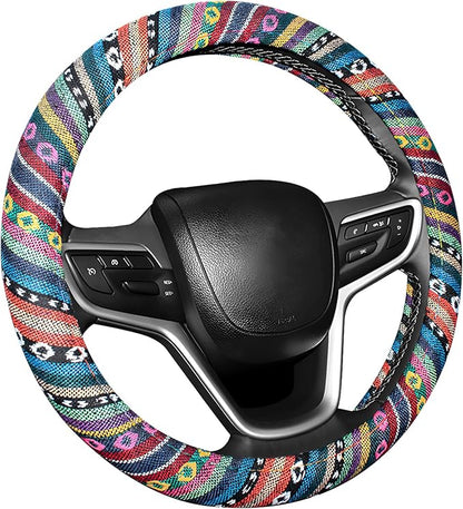 Boho Car Steering Wheel Cover, Ethnic Style Anti-Slip Coarse Flax Cloth Auto Wheel Cover, Bohemian Steering Wheel Protector for Most SUVs Vans Trucks, Car Accessories (Style A)