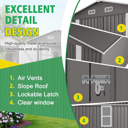Metal Storage Shed, 10 X 12 FT Lockable Outdoor Tool Shed with Air Vent and Clear Windows, Galvanized Steel Garden Shed for Backyard, Patio, Garden, Bike Storage or Outdoor Use, Grey