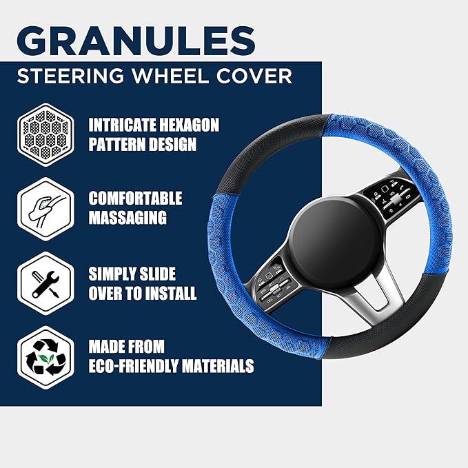PIC AUTO Massage Steering Wheel Cover, Blue Football Pattern Material Spliced Leather Car Steering Wheel Protector, Car Interior Accessories, Universal Fit 14.5"-15.5" for Cars, Trucks, Van, SUV