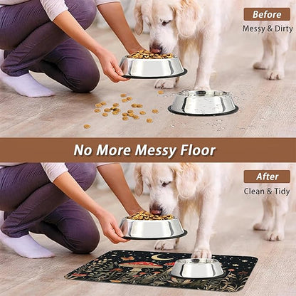 Red Mushrooms Pet Feeding Mat,Wildflower Plant Butterfly Absorbent Quick-Dry Cat Dog Food and Water Bowl Mats,Non-Slip Rubber Backing Mat,Cat Dog Accessories Supplies 16"x24"