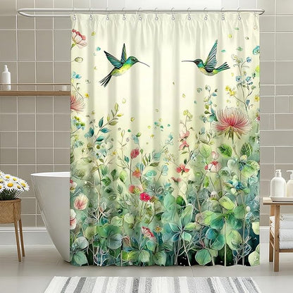mutakin Green Leaf Flowers Shower Curtain Hummingbird Shower Curtains for Bathroom Waterproof Fabric Bath Curtain Decor with Hooks
