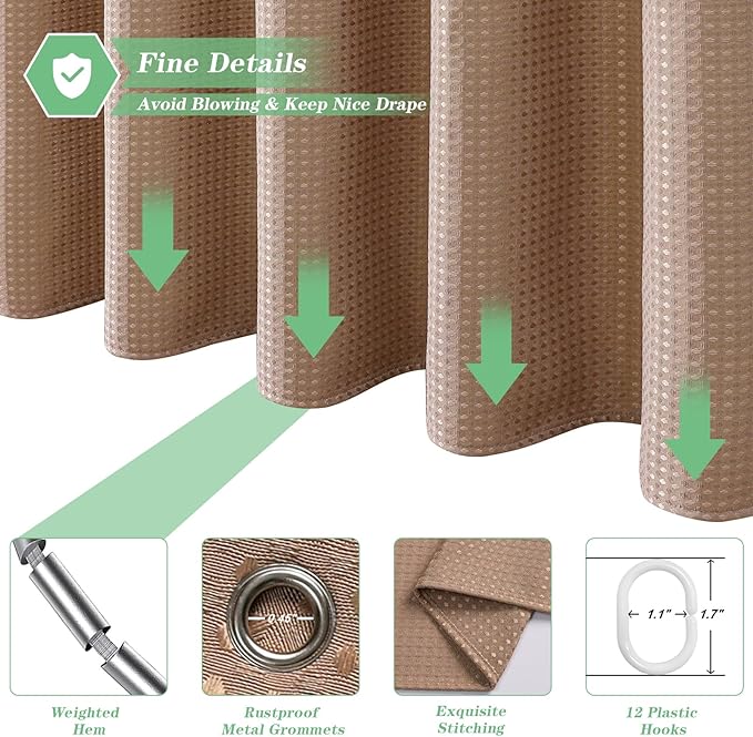 meioro Beige Shower Curtain, Waffle Weave 256GSM Heavy Duty Textured Fabric Shower Curtains for Bathroom Hotel Spa, Luxury Weighted Polyester Cloth Bath Curtain Set with 12 Hooks, 72Wx96H