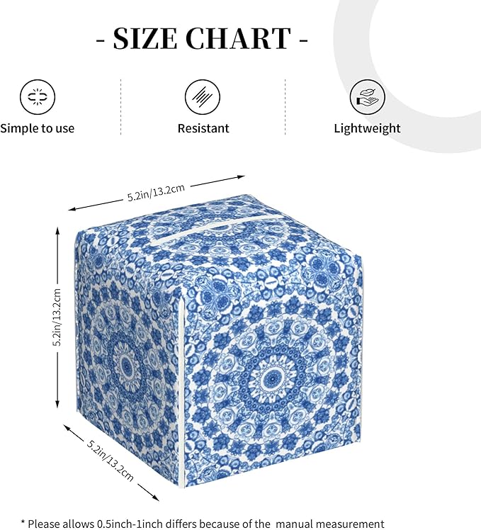 Boho Mandala Flower Tissue Box Cover Square, Blue and White Porcelain Floral Tissue Box Holder Waterproof Leather Facial Paper Organizer Dispenser for Bathroom Home Car Nightstand Vanity Desk