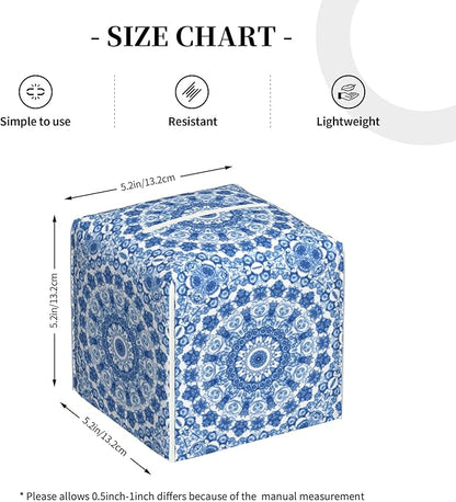 Boho Mandala Flower Tissue Box Cover Square, Blue and White Porcelain Floral Tissue Box Holder Waterproof Leather Facial Paper Organizer Dispenser for Bathroom Home Car Nightstand Vanity Desk