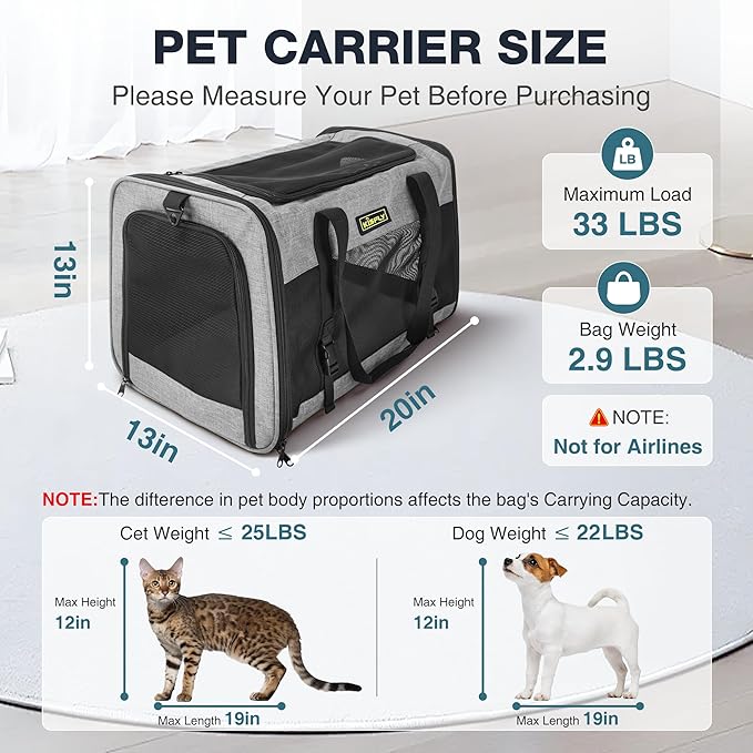 Cat Carrier for 2 Cats/Kitten, Pet Carrier for Cat, Puppy, Small Dog & Bunny, Foldable Soft-Sided Travel Pet Bag, Sturdy Frame Support, up to 25 lbs, Car Seat Belt Compatible, 20x13x13 in, Gray