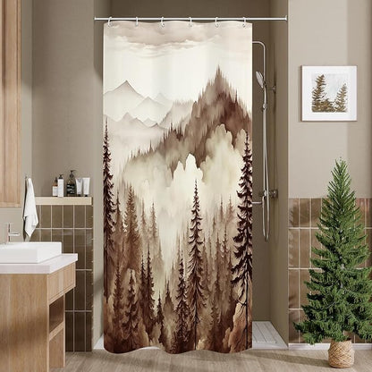 Litabel Brown Small Stall Misty Pine Forest Shower Curtain 36 x 72, Tan Mountain Foggy Woodland Scenery Tree Narrow Half Size Shower Curtains for Bathroom, Abstract Waterproof Nature-Themed Decor