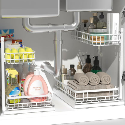 Under Sink Organizer, Adjustable Height Pull-Out Kitchen Storage Organization,15.8" x 11.8" x 16.5",2-Tier Kitchen Shelf,Bathroom Drawer Organizer, White