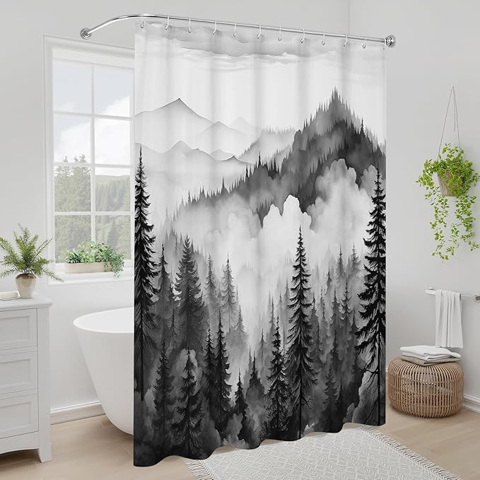 Litabel Black Long Misty Pine Forest Shower Curtain 72 x 78, Mountain Foggy Woodland Scenery Tree 78 Inch Long Shower Curtains for Bathroom, Abstract Waterproof Nature-Themed Decor