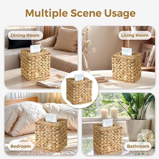 KALEKAIL Wicker Tissue Box Cover, Rattan Tissue Box Holder Square, Boho Decorative Woven Water Hyacinth Cube Tissue Holders for Bathroom Living Room Kitchen