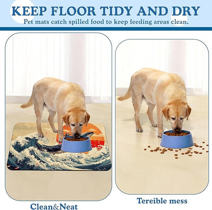 Wave Cat Dog Food Mat,Christmas Stocking Ukiyo-e Whale Absorbent Quick Dry Feeding Placemat for Food and Water Bowls, Non Slip Rubber Backing, Waterproof Pet Supplies for Mess-Free Eating 12"x20"