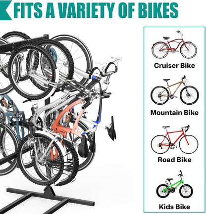 EVERHANGER Freestanding Bike Stand Rack with Adjustable Hooks, Vertical Bike Stand for Garage, Bicycle Storage Organizer, Holds Up to 7 Bikes & 7 Helmets