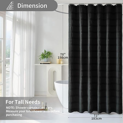 Lameirose Extra Long Black Shower Curtain Farmhouse,72 x 78 Cotton Blend Waffle Tufted Striped Chic Textured Fabric Shower Curtain for Bathroom, Hotel, Washable