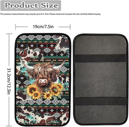 UNICEU Southwestern Cowhide Highland Cow Auto Center Console Pads Comfortable Non Slip Car Armrest Storage Box Mat Universal Fit Auto Interior Accessories for Women Men