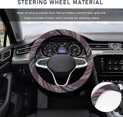 Boho Steering Wheel Cover, 15.0"×15.0" Anti-Slip Baja Blanket Ethnic Steering Wheel Protector, Breathable Flax Cloth Elastic Bohemian Steering Wheel Cover, Car Accessories (Style J)