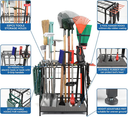 Garden Tool Organizer for Garage, Yard Tool Storage, Garden Tool Rack, for Shed Home Outdoor, Up to 58 Long-Handled Tools, Garden Tool Stand, Heavy Duty Steel, Black