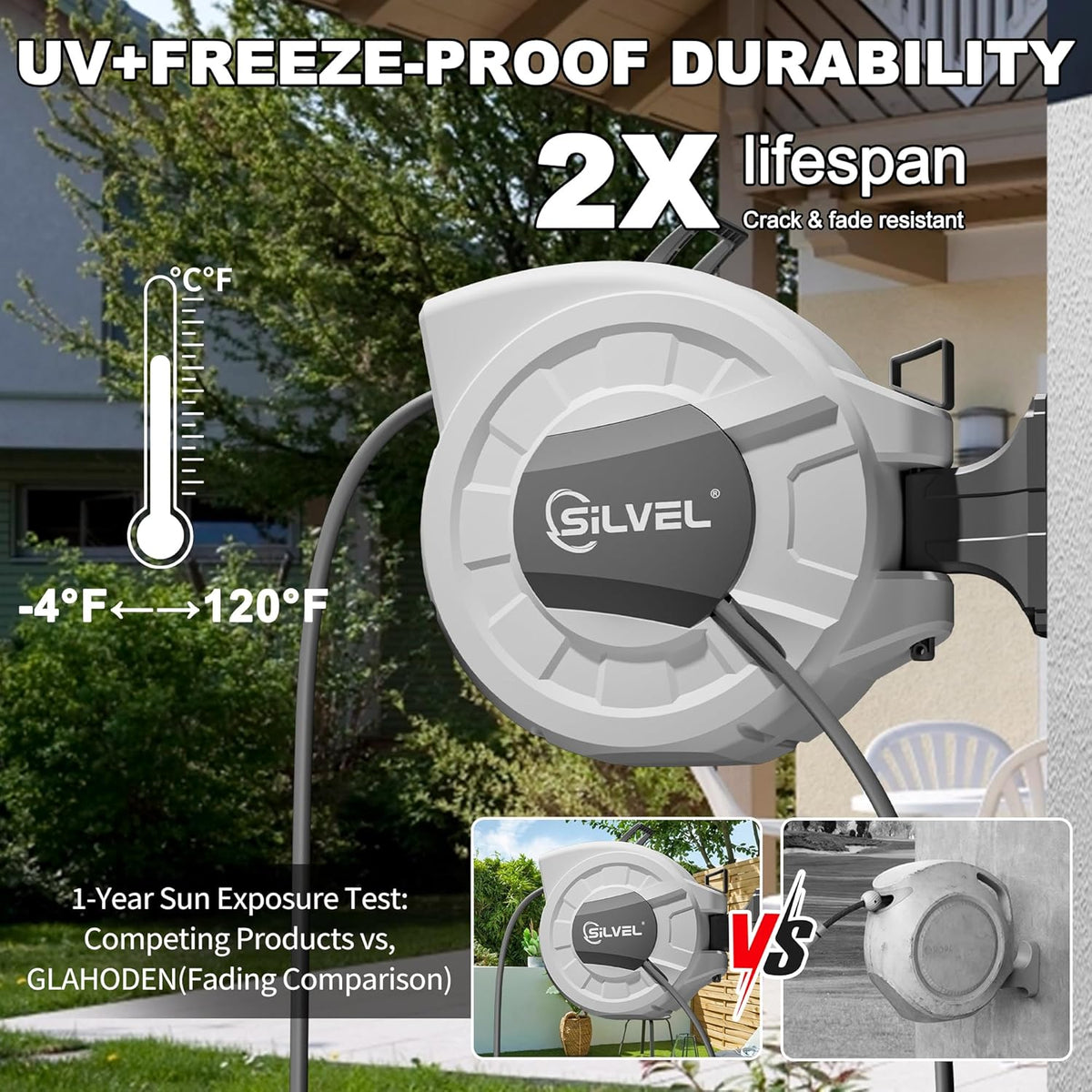 SILVEL 1/2 in x 130 FT Retractable Garden Hose Reel, Upgraded UV Resistant Heavy Duty Automatic Hose Reel Wall Mount with 10 Pattern Nozzle, Any Length Lock & Slow Return System, 180°Swivel Bracket