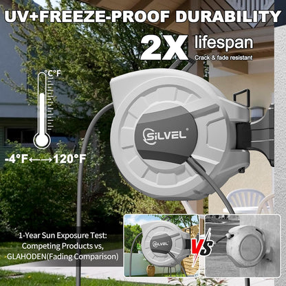 SILVEL Retractable Garden Hose Reel, 1/2 in x 110ft Wall Mount Heavy Duty Automatic Hose Reel with 10 Pattern Nozzle, Any Length Lock & Slow Return System, 180°Swivel Bracket Upgraded UV Resistant