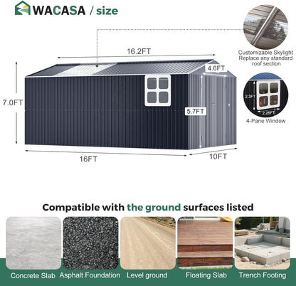 Metal Shed 10x16 FT Big with Heavy-Duty Reinforced Steel Frame and Customizable Skylight, Lockable Doors, 4-Pane Windows,Large Outdoor Storage for Garden, Tools, and Utility
