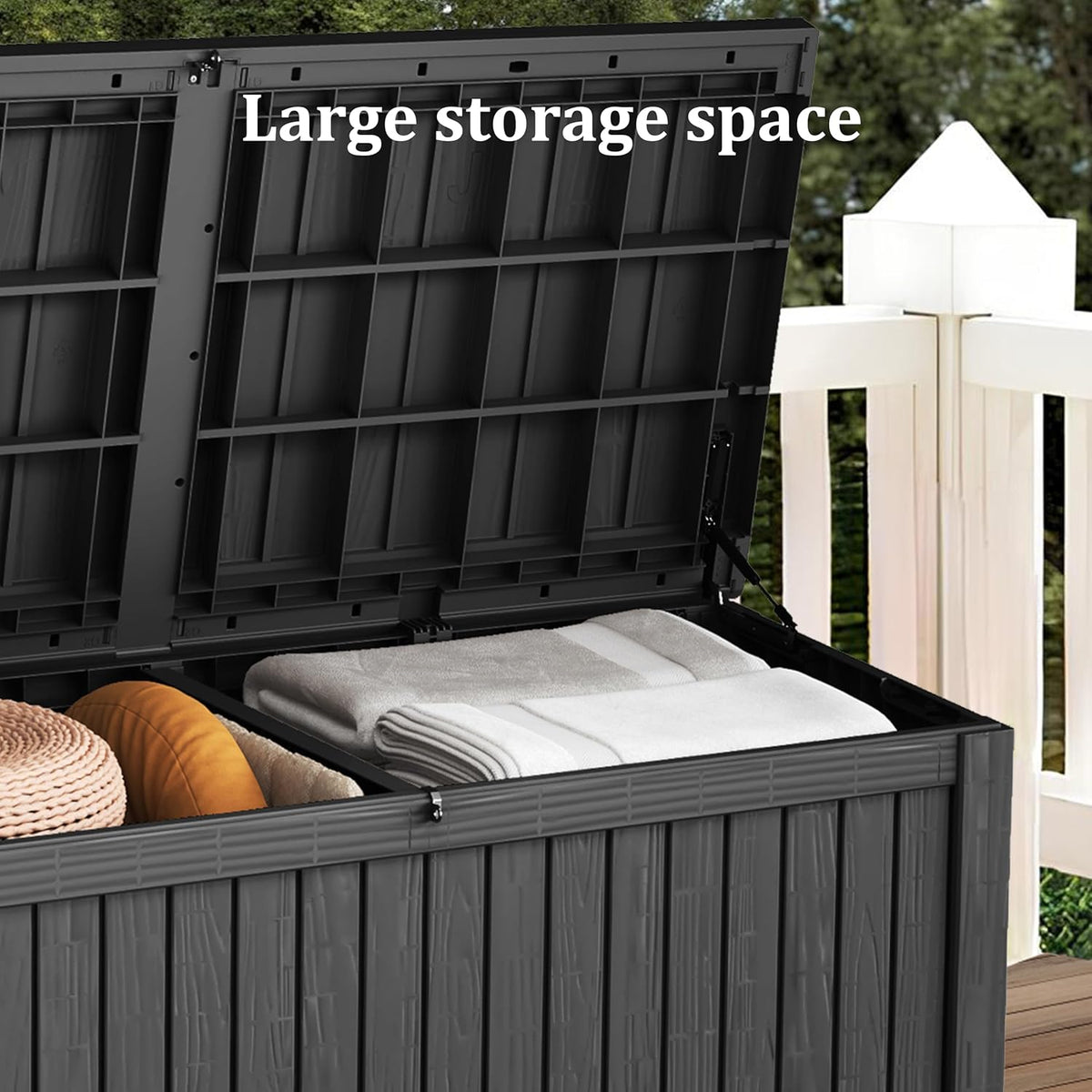 TARKARI 180 Gallon Lockable Resin Deck Box, Waterproof & UV-Resistant Outdoor Storage Box for Outdoor Cushion Storage, Garden Tools & Pool Accessories Storage, Black
