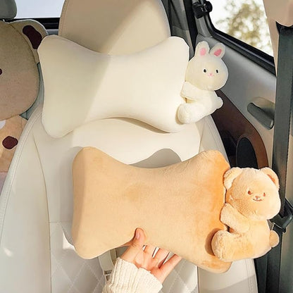 Car Headrest Pillow 2PCS Plush Bear ＆ Bunny Car Seat Headrest Pillow - Memory Foam Neck Support Cushions for Comfortable Driving, Easy Install & Washable (White Rabbit)